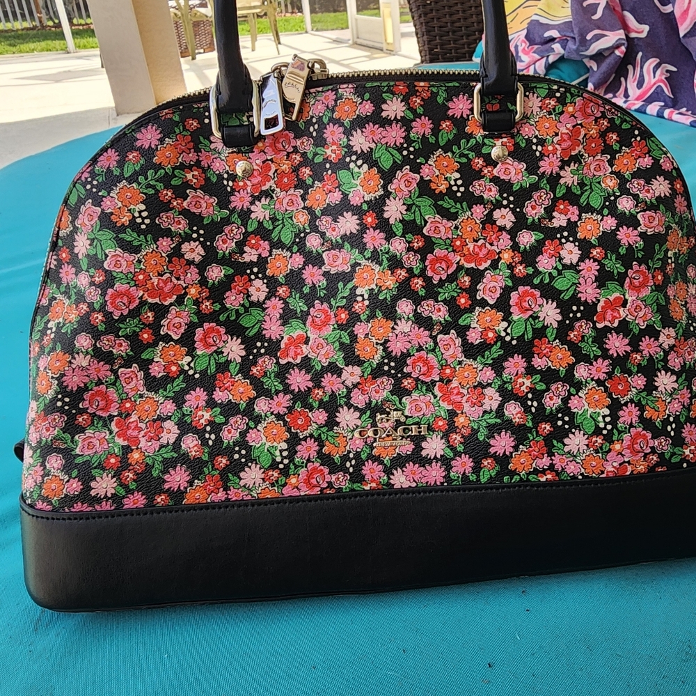 Coach Black Floral Dome Satchel with Pink Orange & Green Accents - Picture 12 of 15